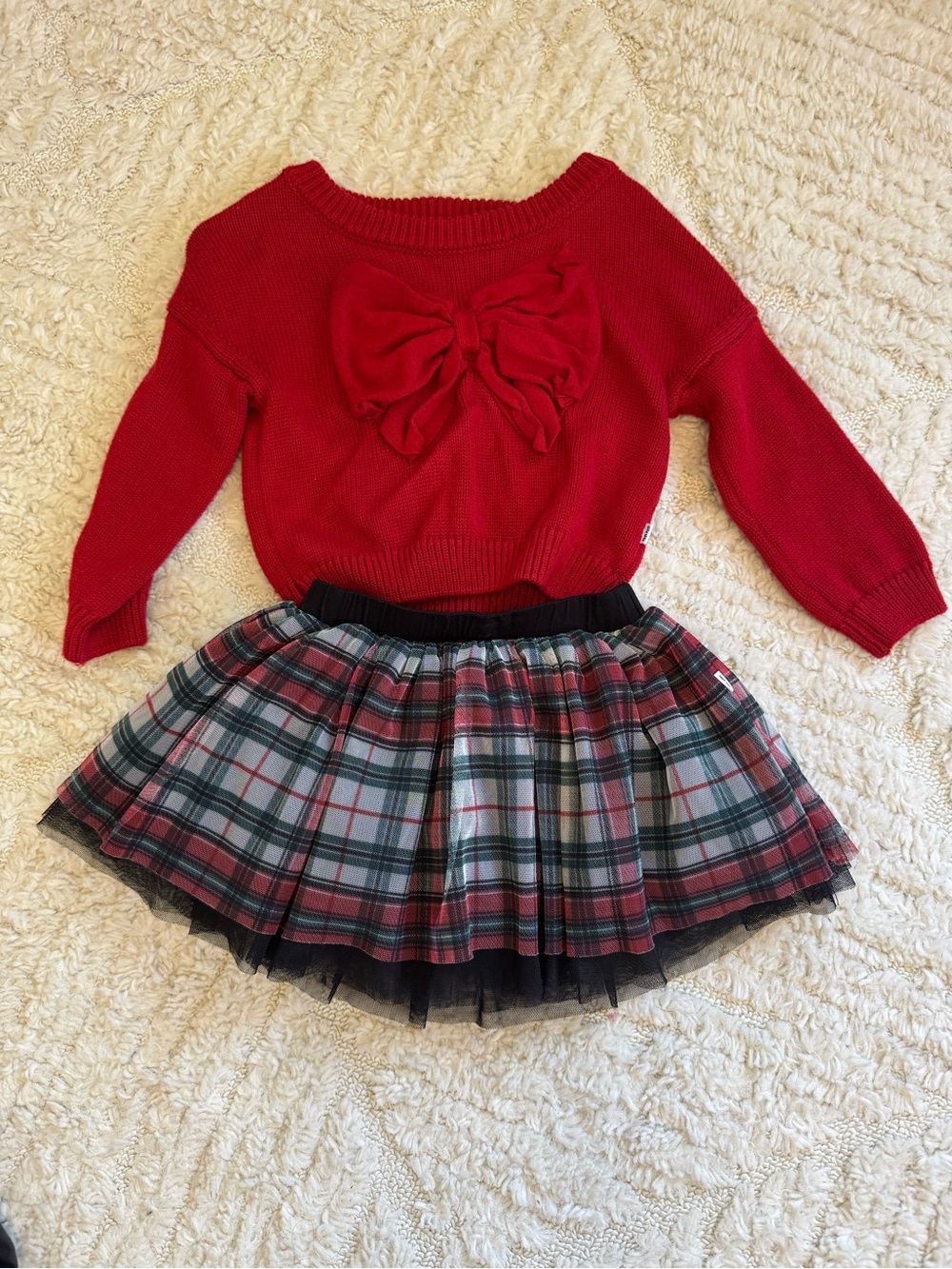 Little Sleepies Red Bow Sweater with Plaid Tulle Skirt